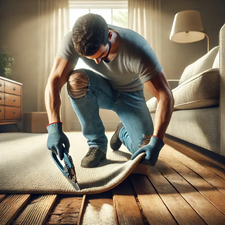 A man removes carpet