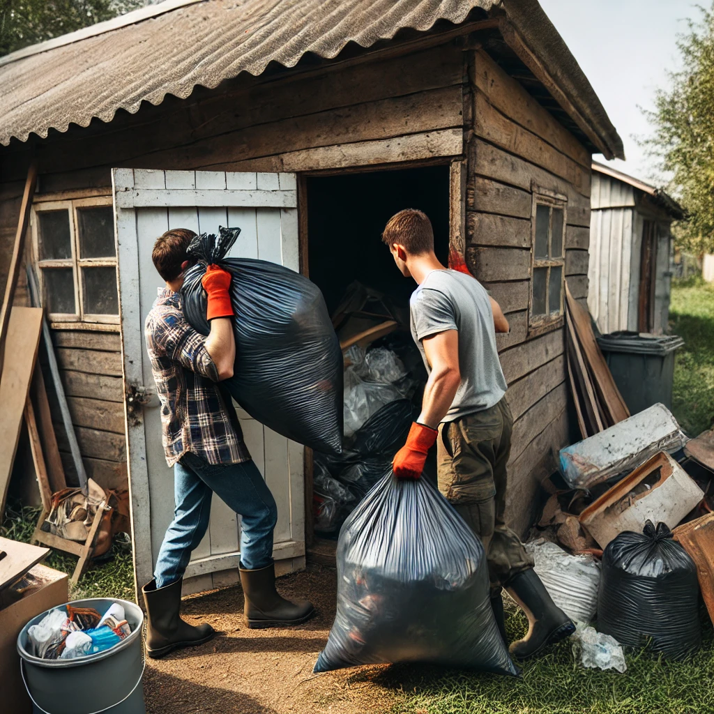 Two men taking rubbish bags out of a shed